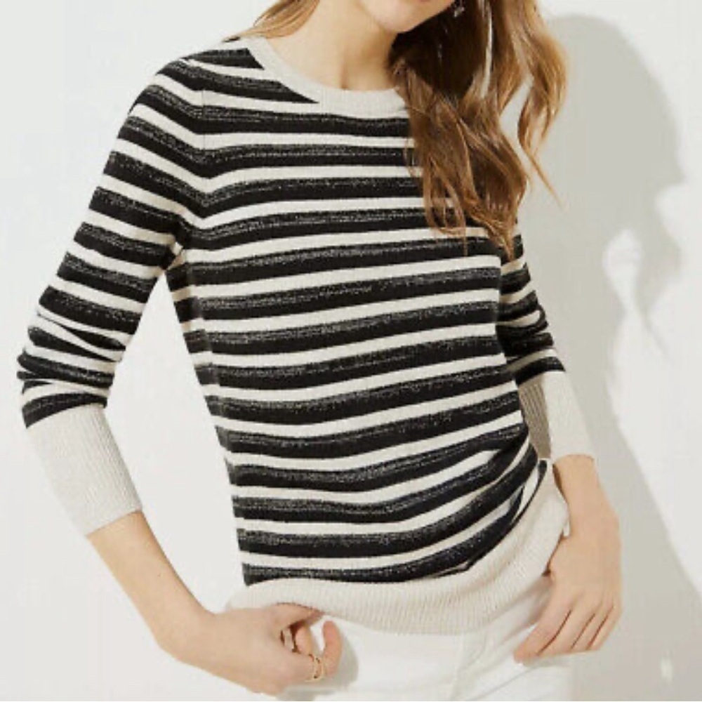 LOFT Lurex Shimmer Stripe Cuff Wool Blended Sweater Knit Black/Beige Size Large‎